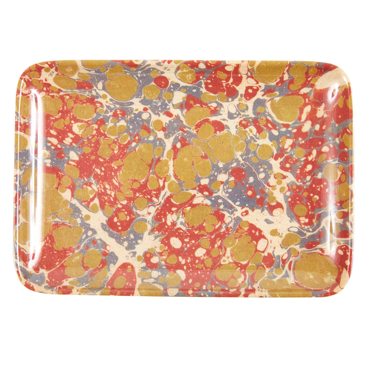 Rectangular tray with a multicolored marbled pattern on a white background