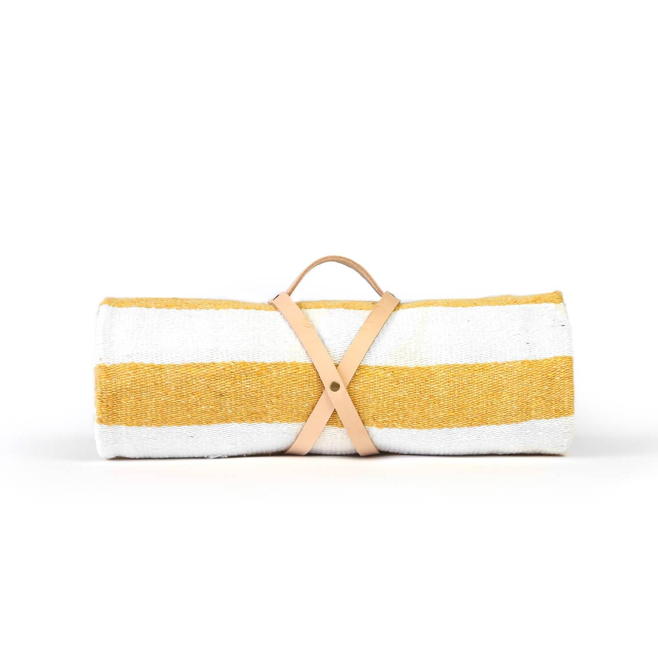 Yellow and white striped blanket rolled up with a leather strap on a white background