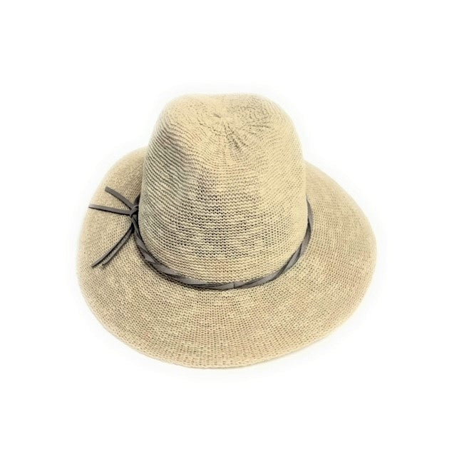 Beige straw hat with a grey suede tie on a white background