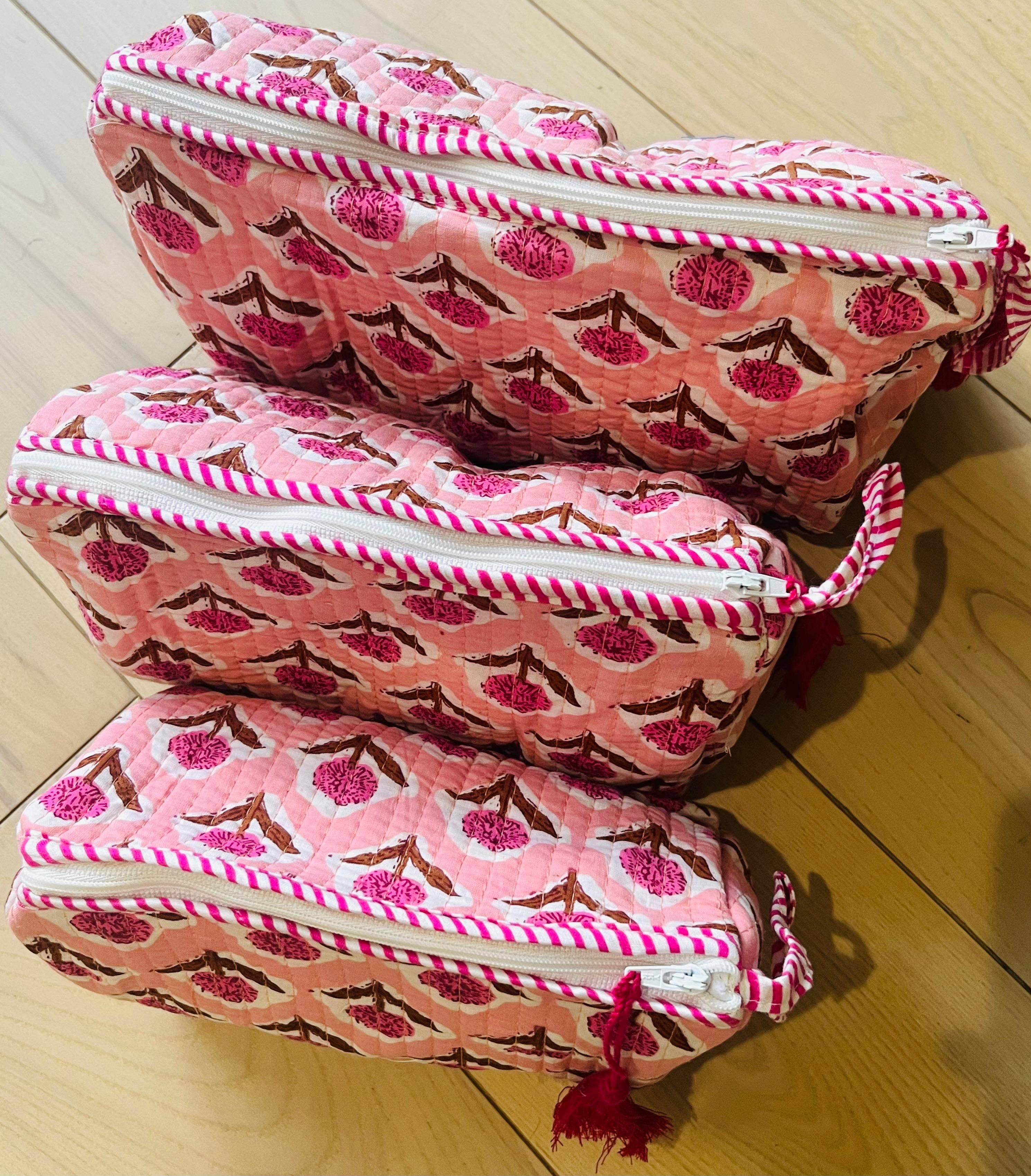 AMRANIS - Pink Block Printed Toiletry Bag - Set of 3