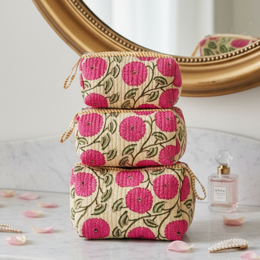 Stack of pink floral fabric bags on a marble surface with a mirror in the background.