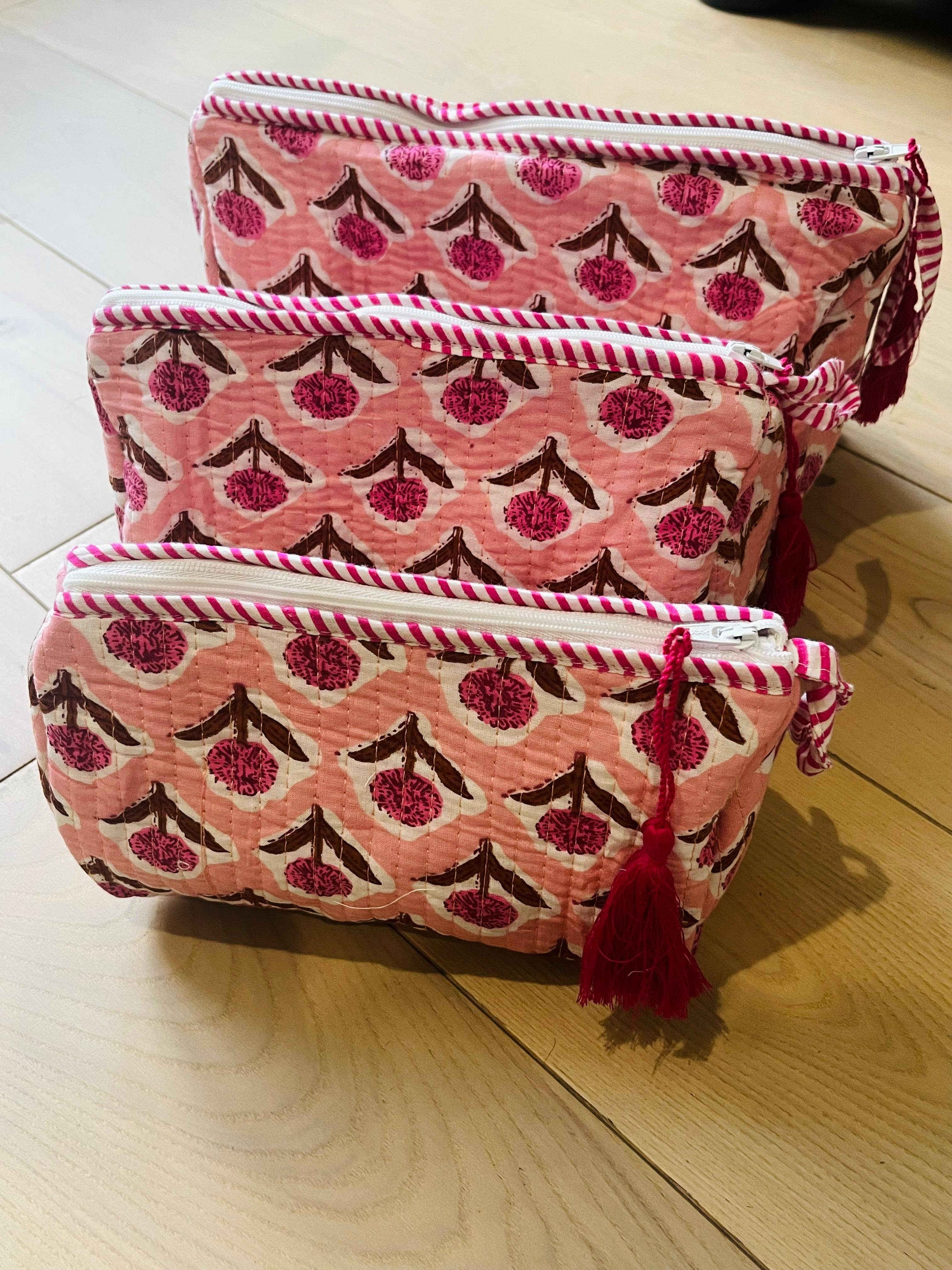AMRANIS - Pink Block Printed Toiletry Bag - Set of 3