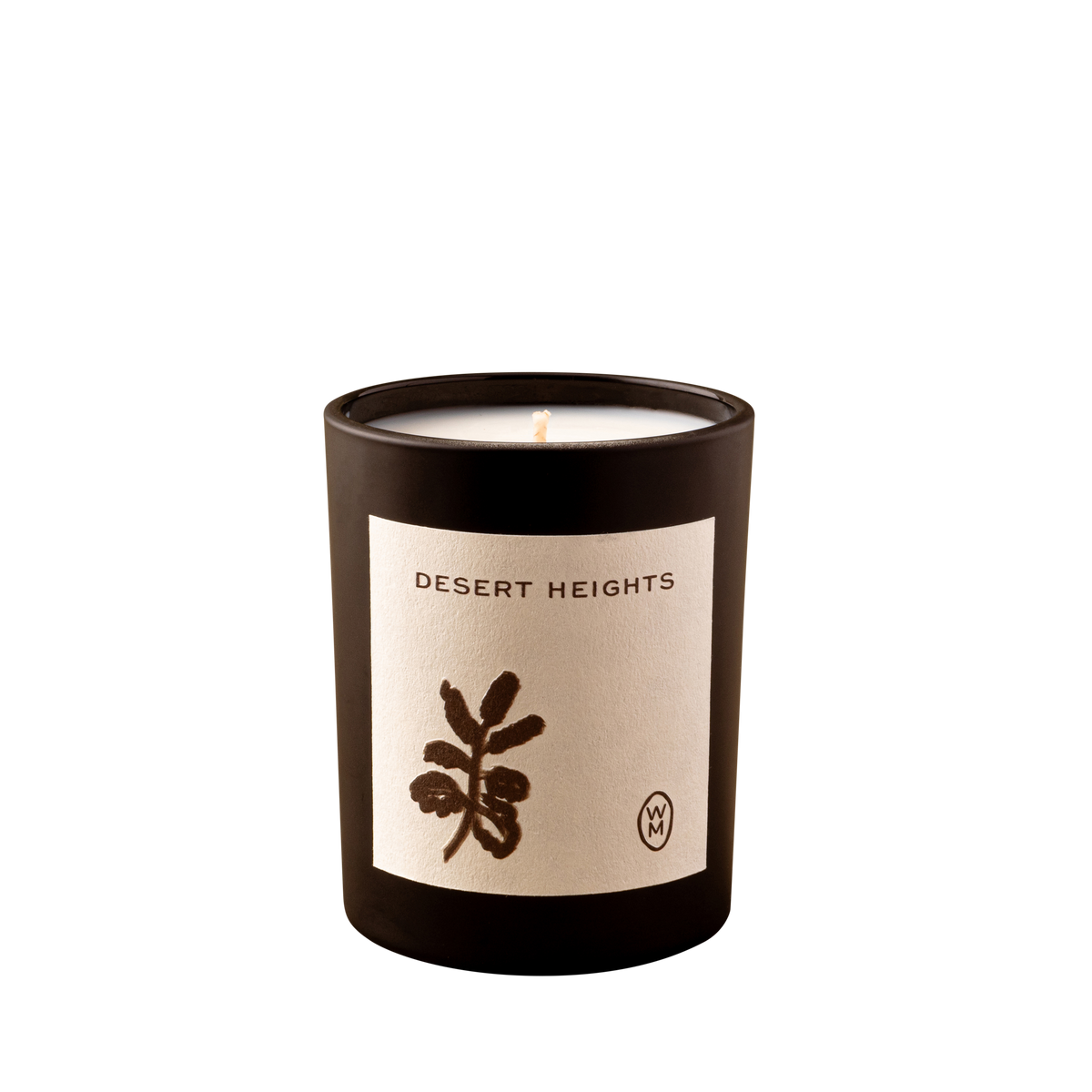 Candle with 'Desert Heights' label on a white background
