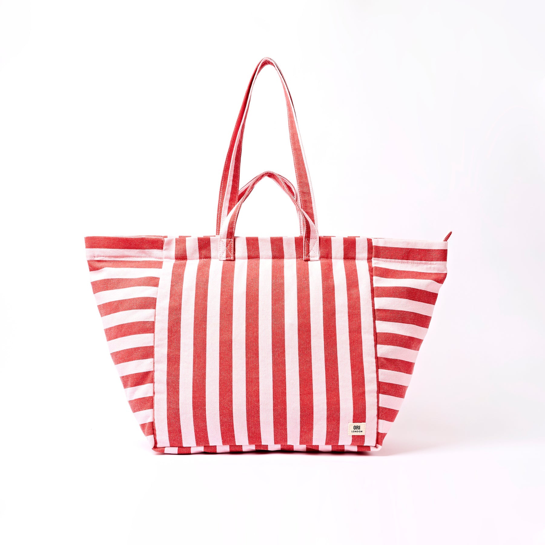 Red and white striped tote bag on a white background