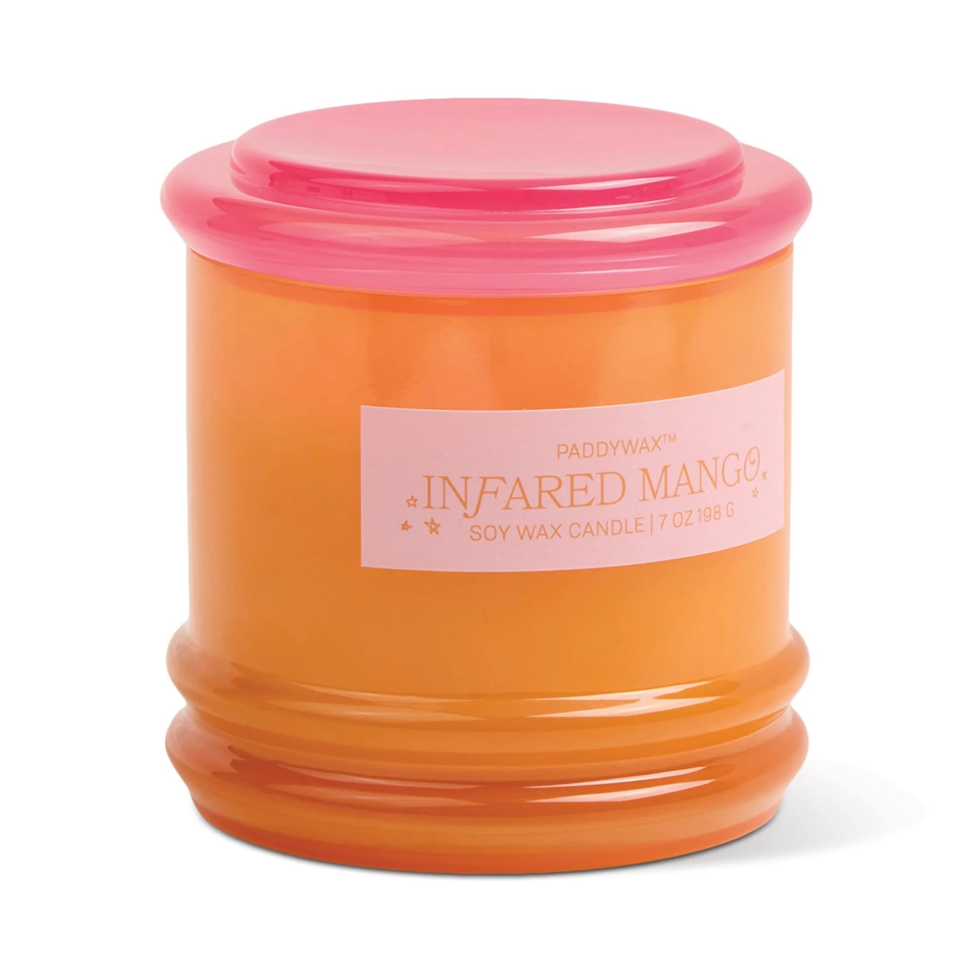 Orange candle with pink lid and label on a white background