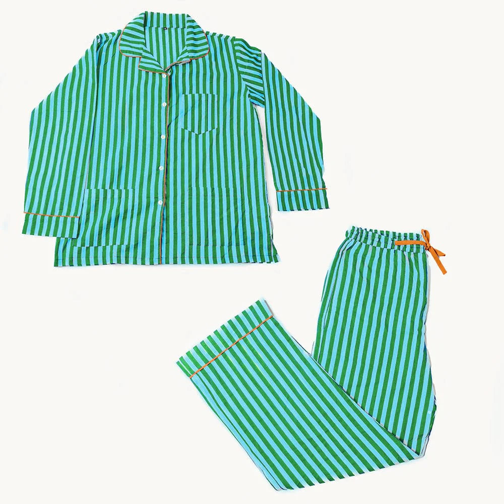 Striped Pajama Set - Green and Blue Stripe