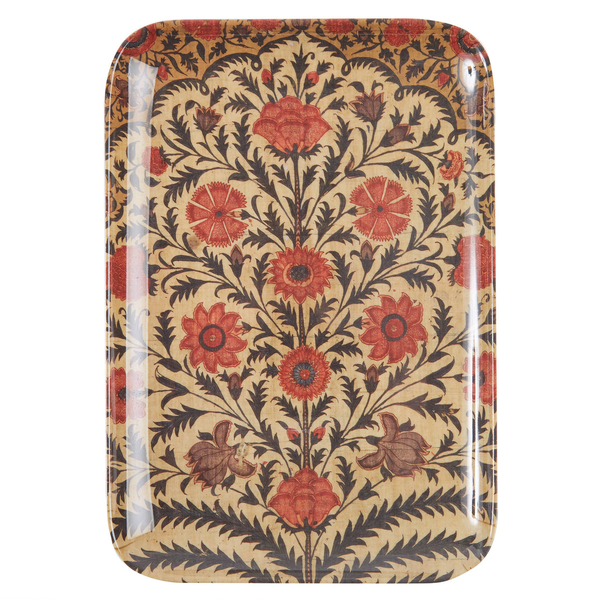 A rectangular tray with rounded corners featuring a vintage floral pattern in red, orange, and brown on a beige background, shown on a plain white background.