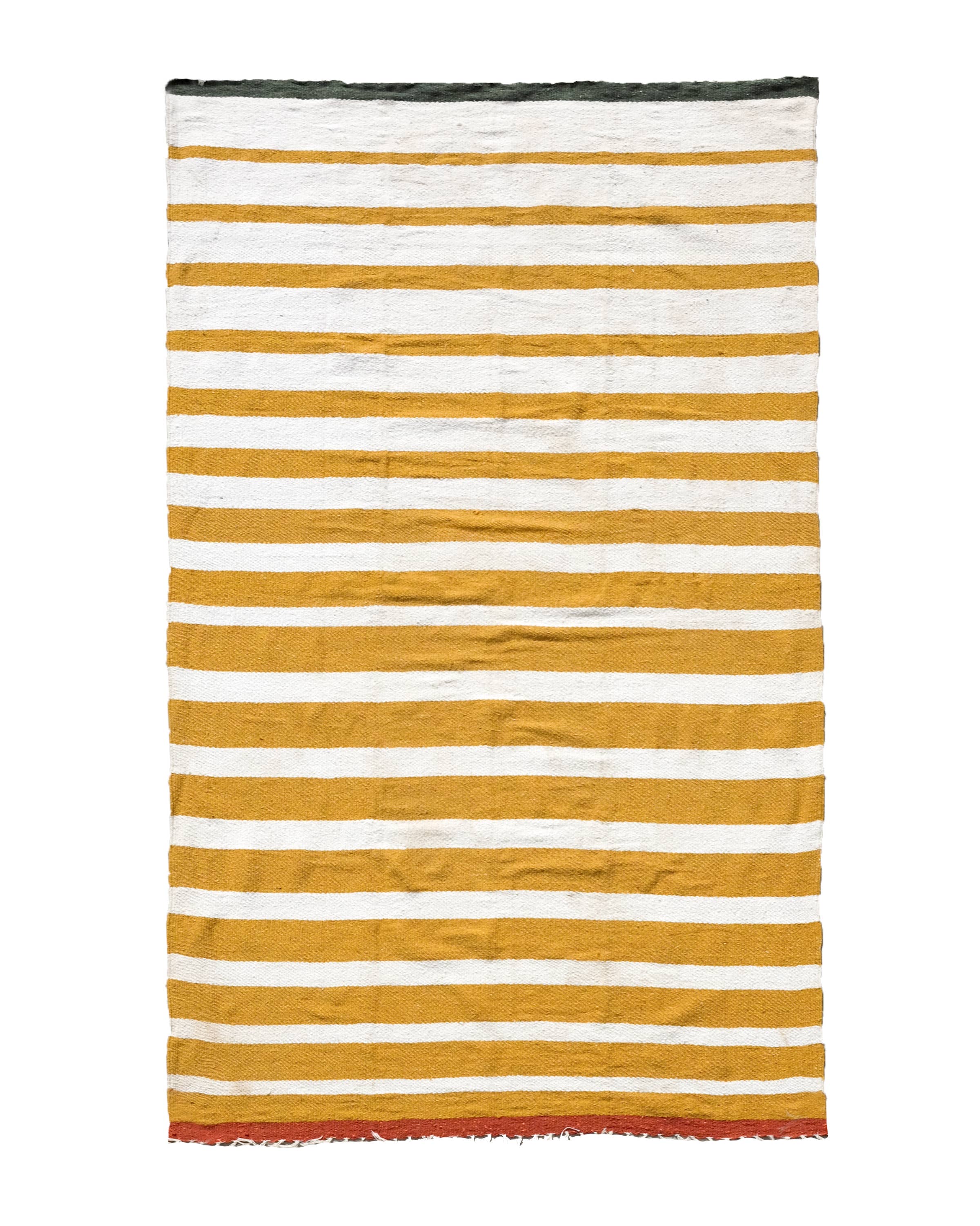Striped yellow and white rug with fringed edges on a white background