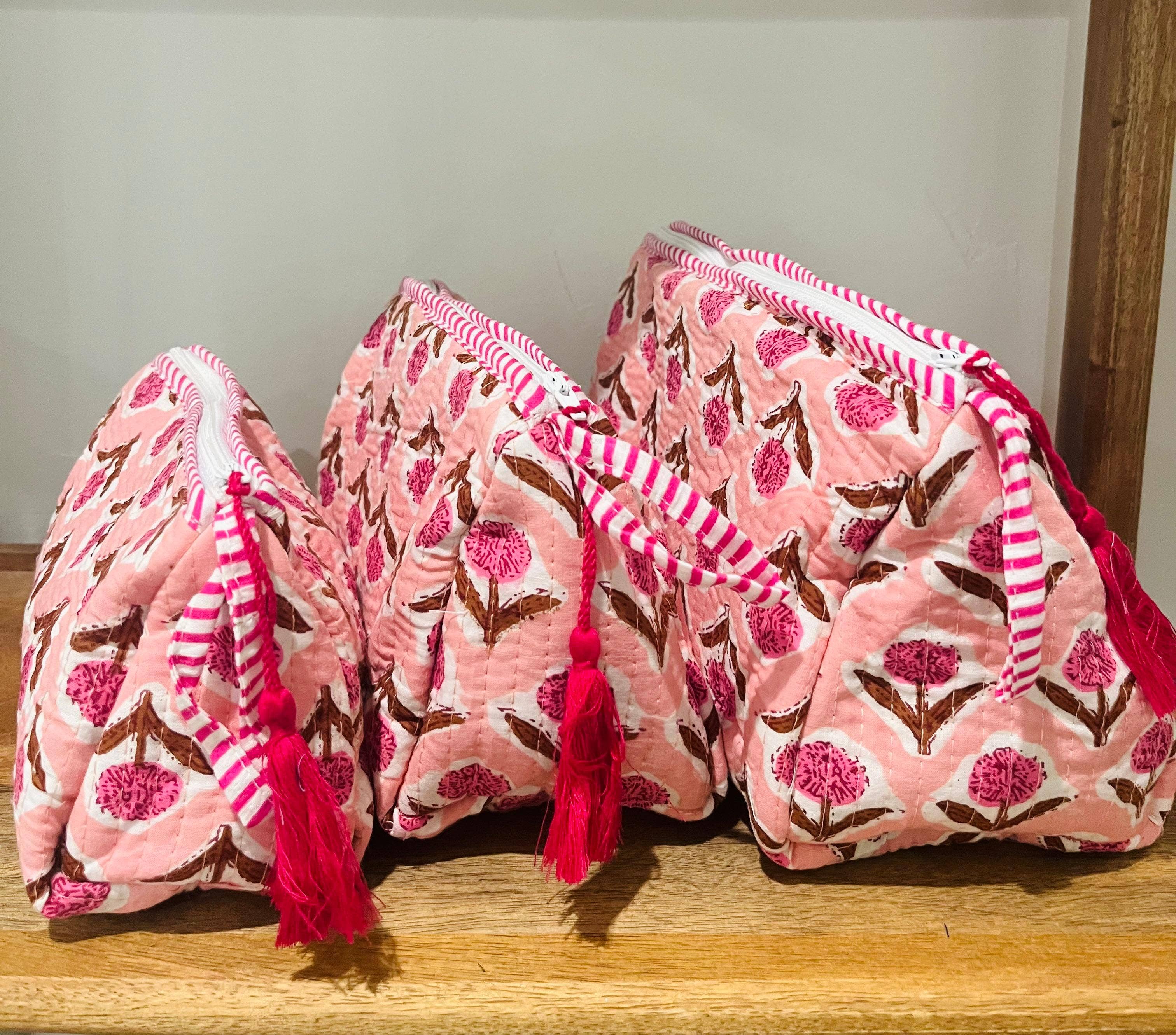 AMRANIS - Pink Block Printed Toiletry Bag - Set of 3 