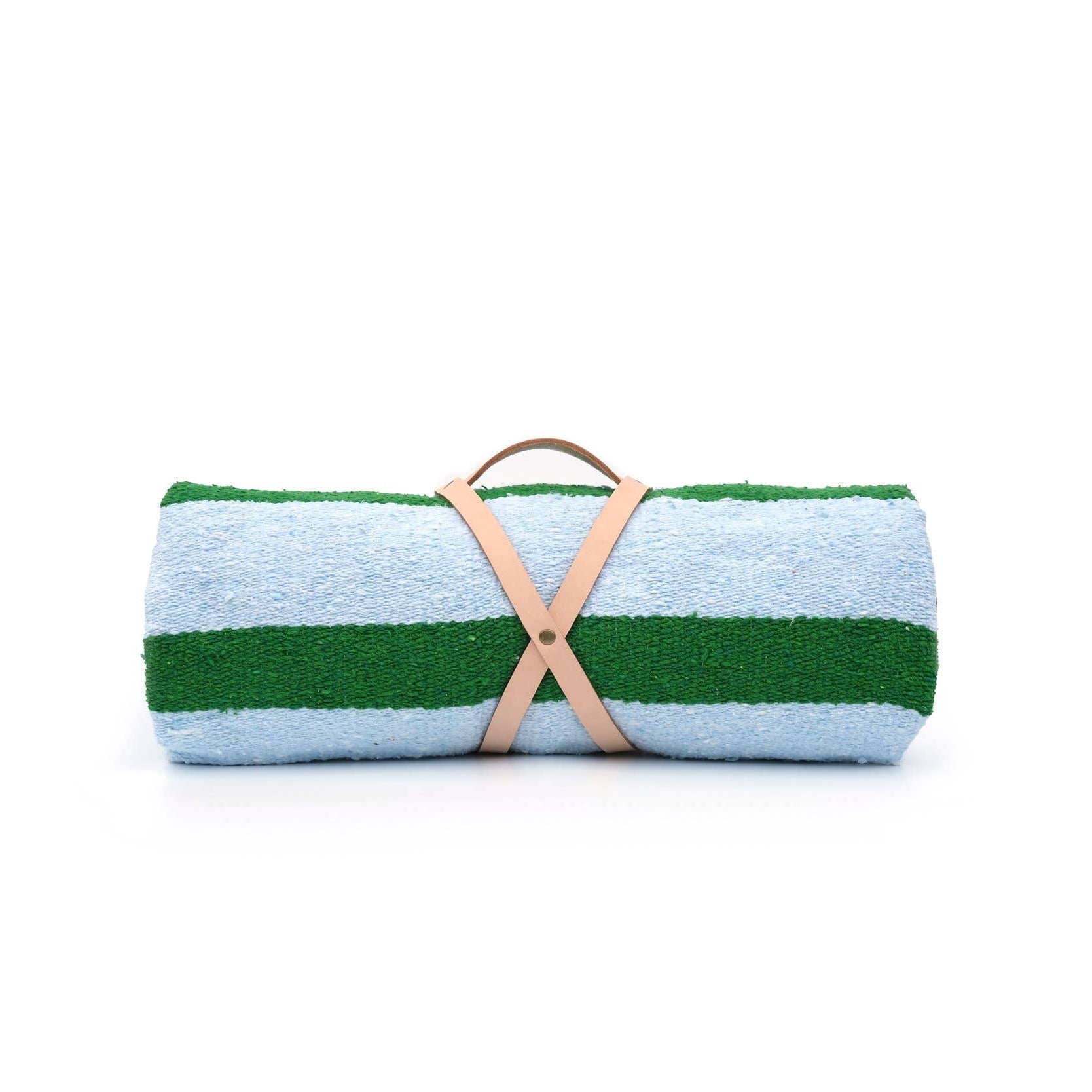 Rolled-up woven blanket with green and blue stripes and a leather strap on a white background