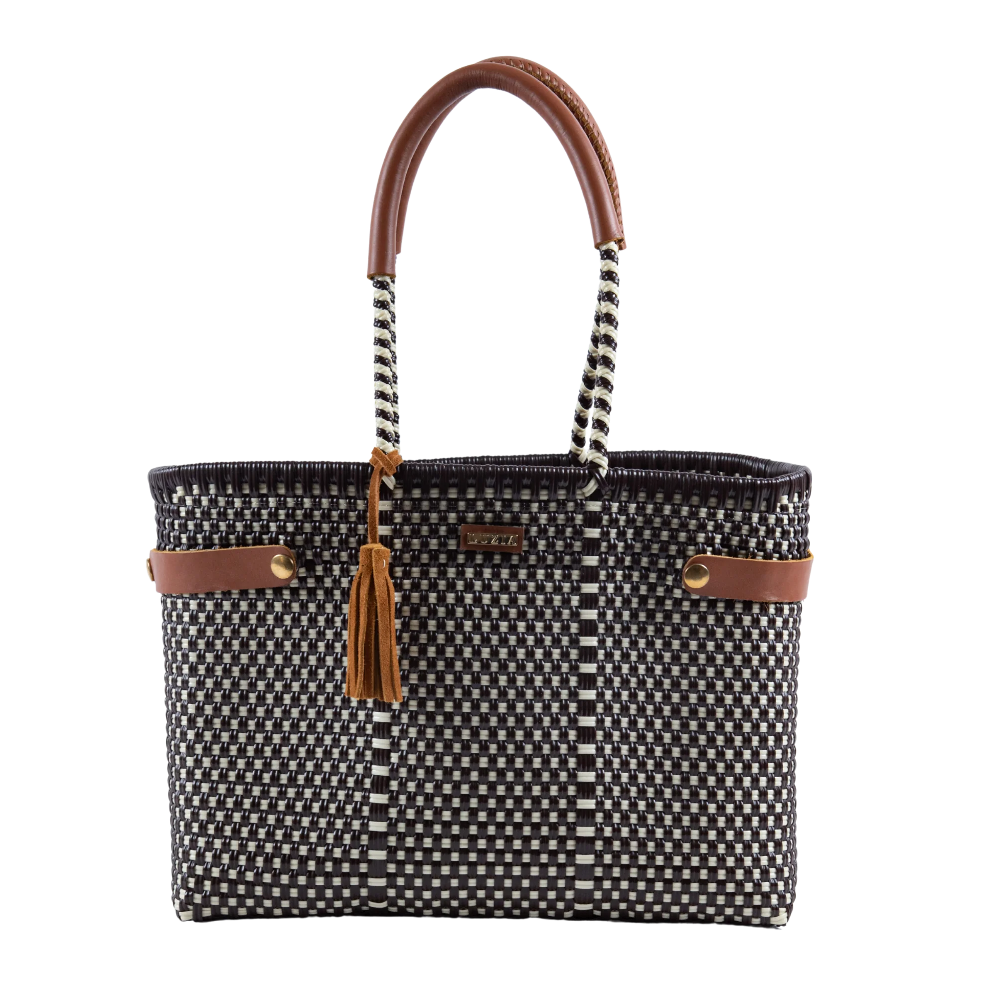 Brown & Beige Checkered Basket Tote