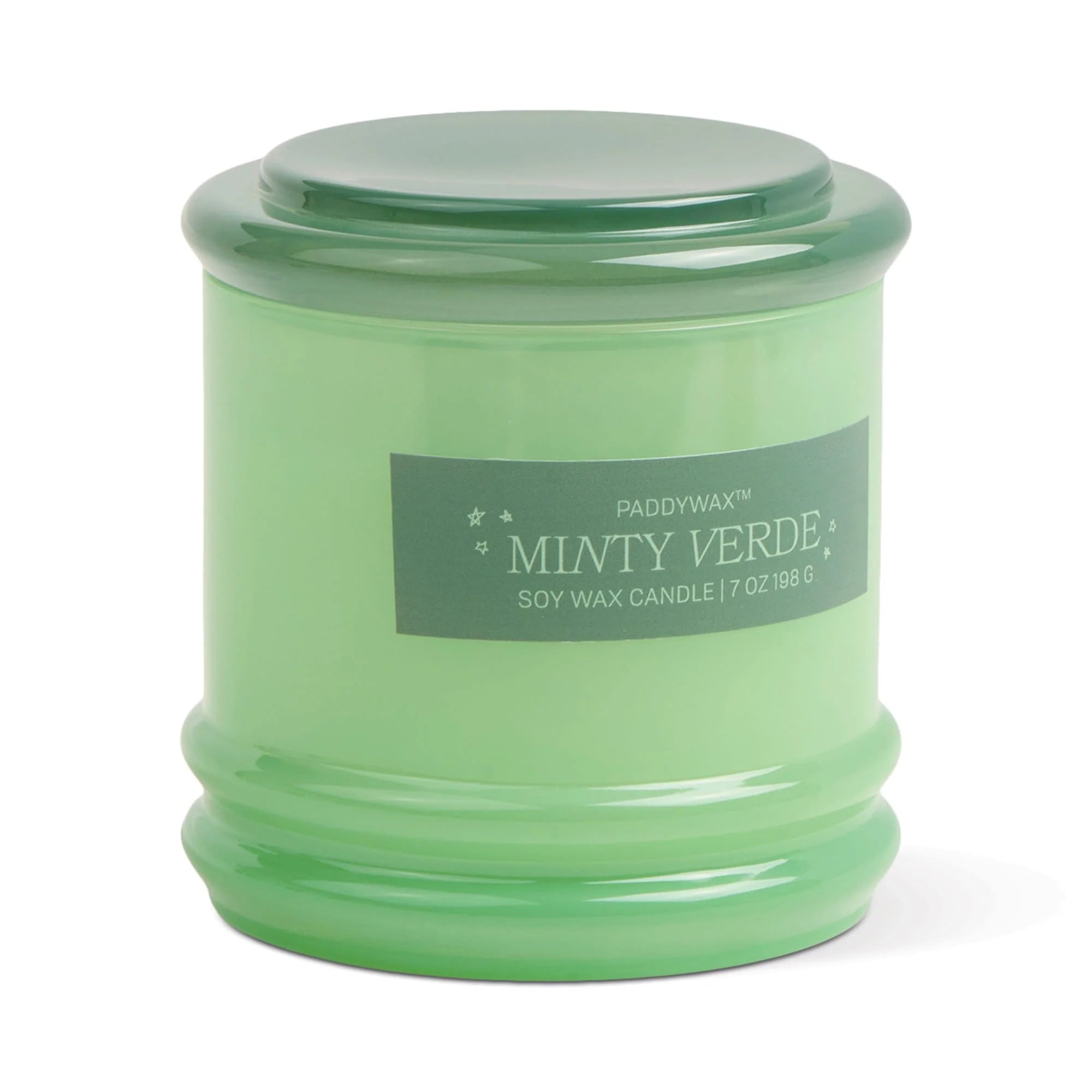 Green candle jar labeled 'Minty Verde' on a white background