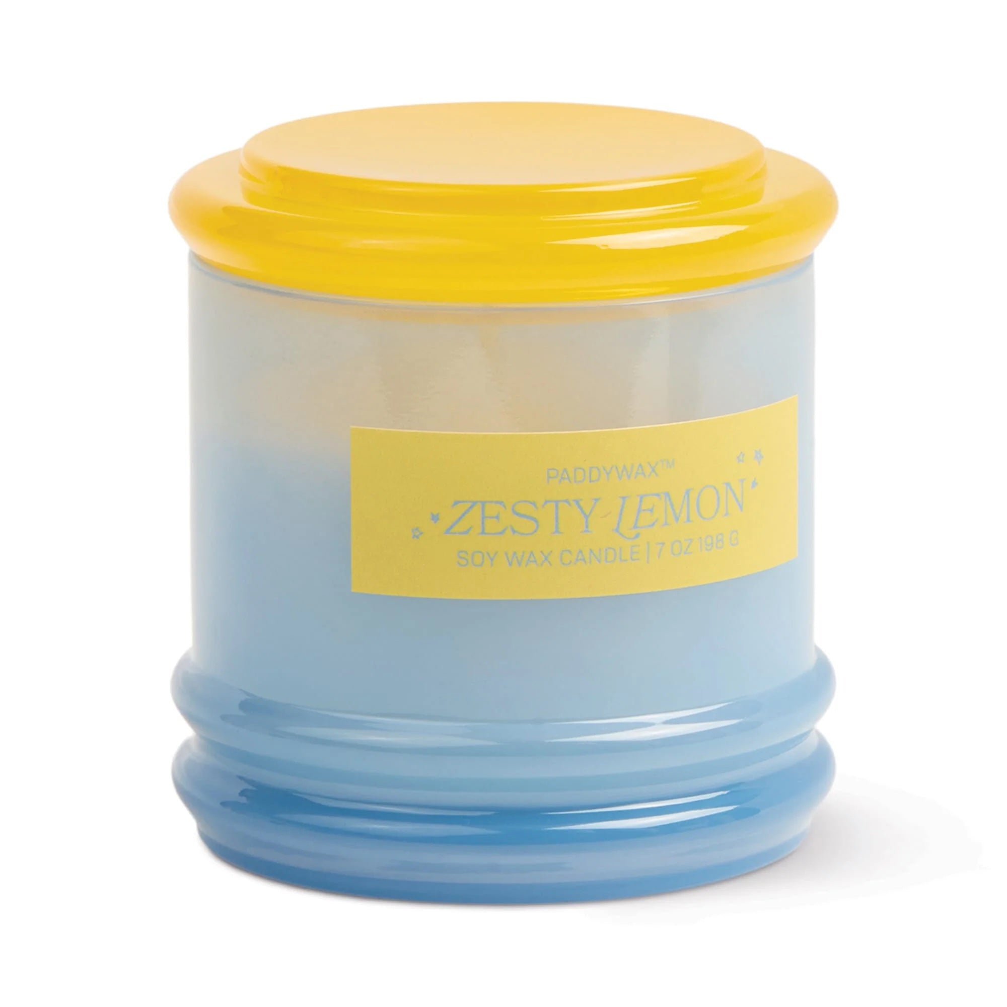 Candle with a yellow lid and label on a white background