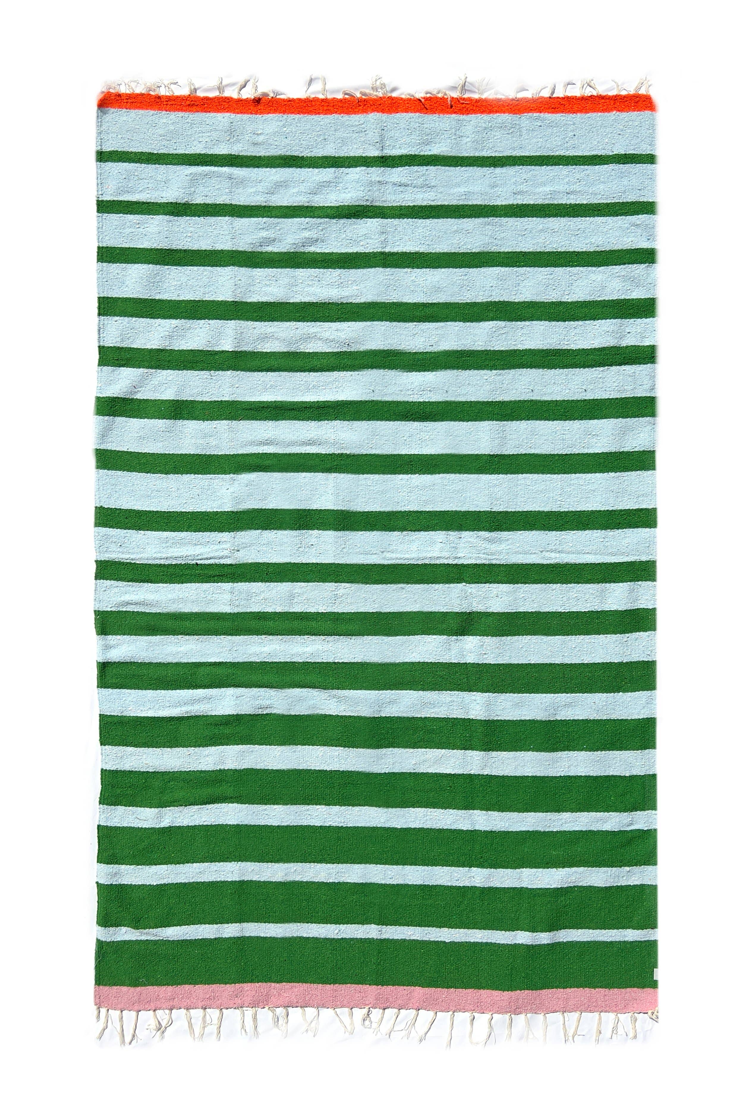 Striped beach blanket with green and light blue stripes on a white background