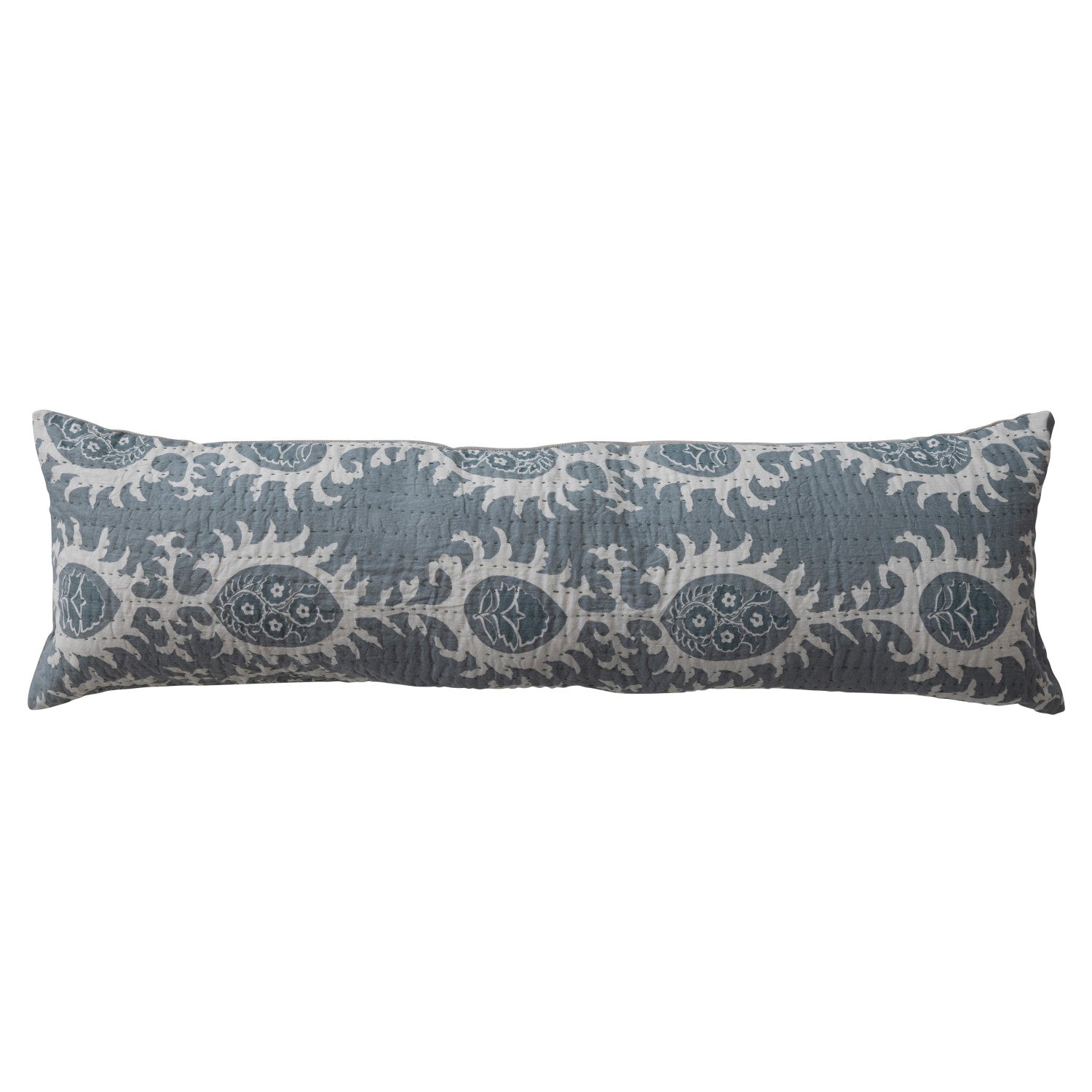 Cotton Voile Lumbar Pillow with Pattern, Hand-Embroidered Kantha Stitch & Chambray Back