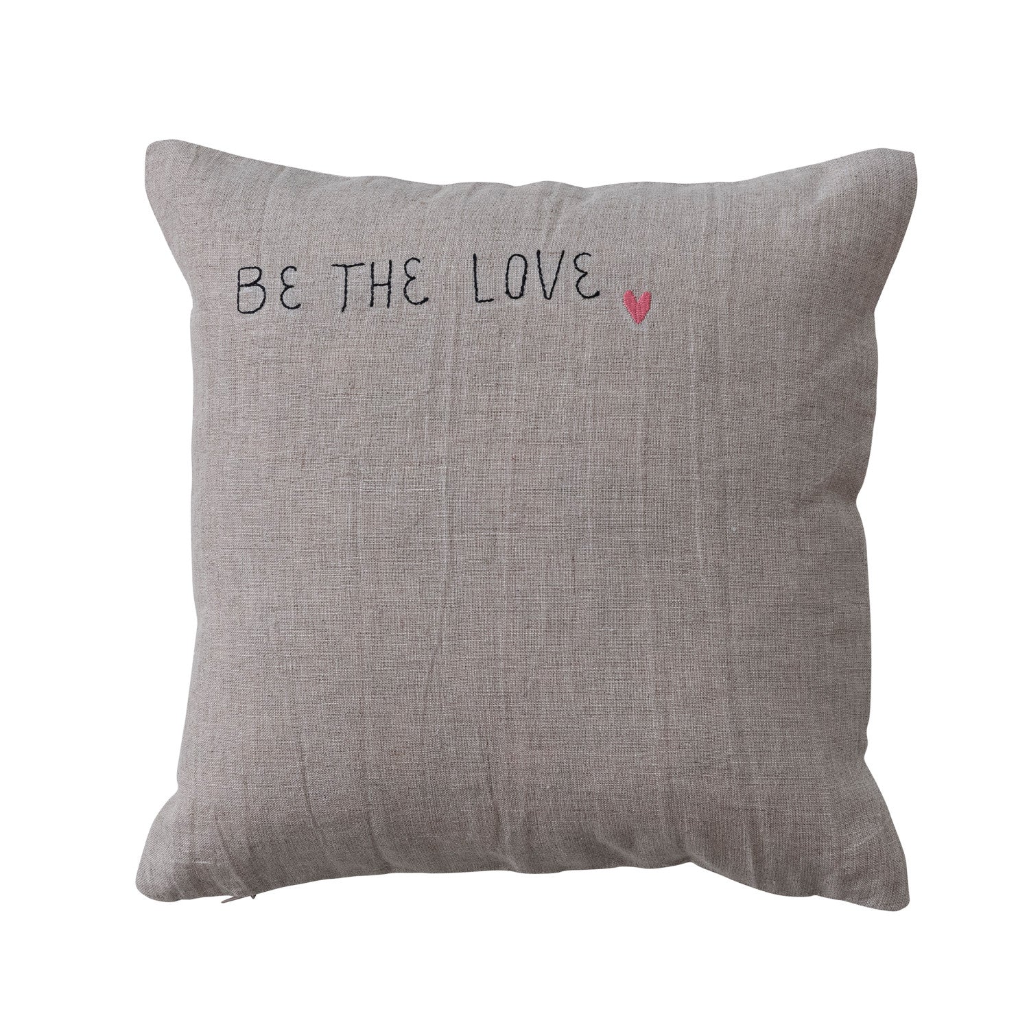 12" Square Linen Pillow with Embroidered Heart "Be The Love", Natural, Black & Pink