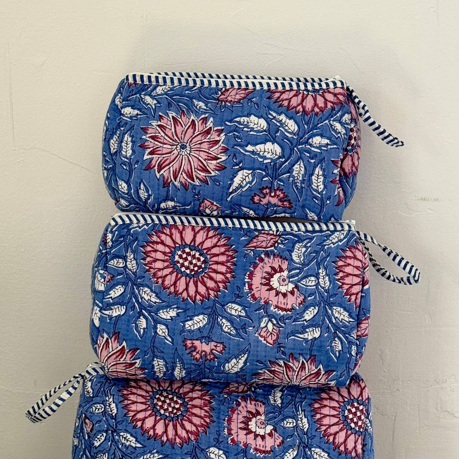 AMRANIS - Blue Floral Block Printed Toiletry Bag - Set of 3 
